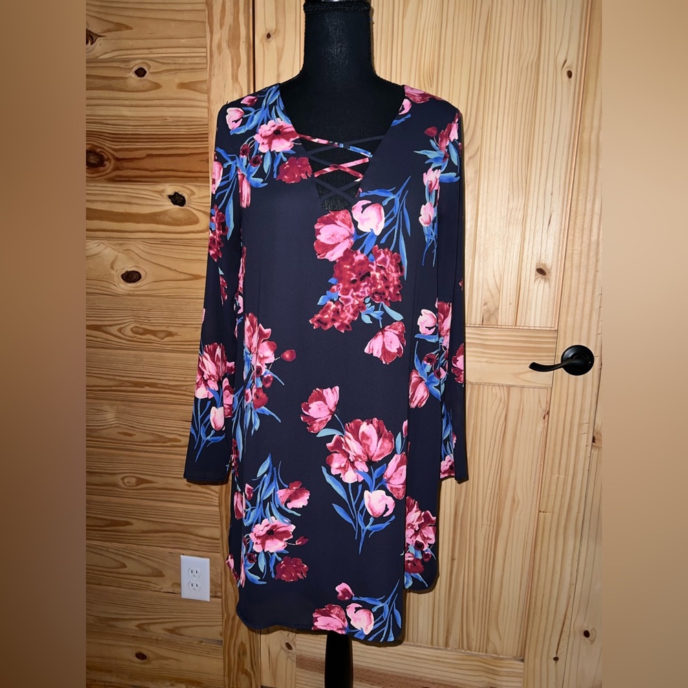 Evenly Navy Floral dress with cross cross detail in front